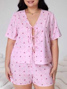 Solflare Pink,Summer,Cute,Family Matching Plus Size Cherry Blossom & Bow Striped Print Open Front Tie Bow Loose Short Sleeve Shirt & Shorts 2-Piece Set - Multicolor - View 6