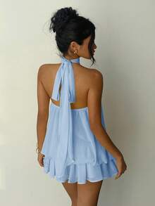 Aloruh 女士优雅浅黄色吊带系带迷你连衣裙 - 淺藍色 - 查看 2