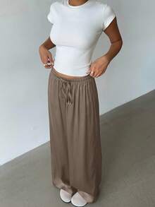Aloruh 女士低腰休闲复古缎面百搭棕色长裙 - 摩卡棕 - 查看 4