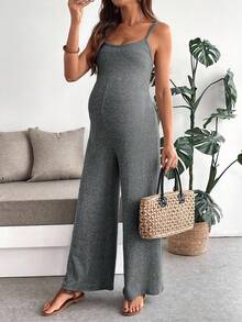 SHEIN 孕妇纯色罗纹休闲日常度假连体裤 - 深灰色 - 查看 4