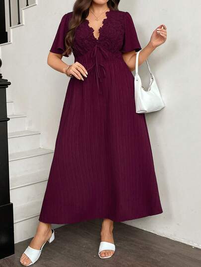 SHEIN LUNE 大码女式纯色V领扭结设计收腰优雅派对连衣裙