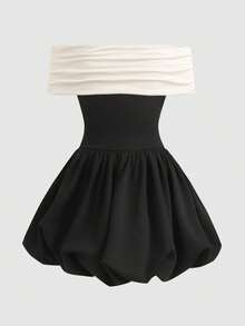 SHEIN 少女春夏休闲优雅大蝴蝶结装饰露肩撞色褶皱印花针织中长连衣裙，黑色和杏色 - 黑色 - 查看 3