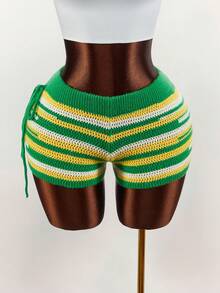 Amplova Y2k Women's Casual Patchwork Knot Design Versatile Daily Wear Knit Shorts Summer Holidays Carnival Costume Spring Women Beach Vacations Women Elegant For Women Vacations Y2k Party Valentine's Day Summer For Women Spring - Army Green - View 9