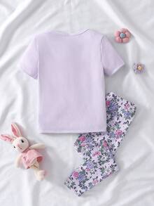Young Girl' Delicate Purple Rabbit Pattern Short Sleeve Pajama Set - Mauve Purple - View 2