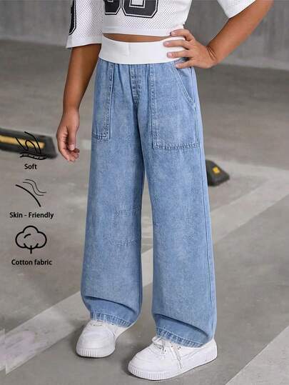 Tween Girls Denim Jeans, Suitable For Spring, Summer, Autumn And Winter. Medium Wash Blue, Y2K Streetwear Style, Casual And Versatile. All-Match Simple White Ribbed Elastic Waistband, Patch Pockets, Relaxed Wide Leg, Soft And Comfortable Cotton Denim Fabric, Ideal For Daily Wear, Gatherings, School, Commuting. New Spring/Autumn Collection.