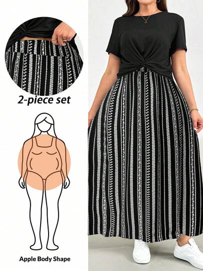 Shapeblank Plus-Size Women's Spring/Summer Fashion Casual Stretchy Comfortable Everyday Slimming Two Pieces Set: Black Short-Sleeved Top And Black And White Striped Long Skirt,Summer Clothes,Vacation Outfits