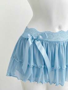 Comfortcana Falda evasé con volantes y lazo de encaje de color azul claro y contraste, nueva moda para Año Nuevo - Celeste - Ver 6