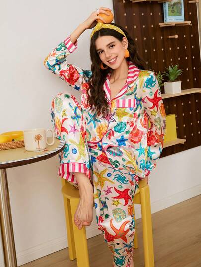 Set pigiama da donna con cardigan a righe con stampa di stelle marine, conchiglie e coralli, adatto per San Valentino e stile giovanile