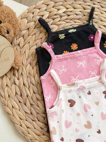 SHEIN LMoss Kids 3pcs/Set Baby Girl Cute Heart, Floral, Bow Print Bodysuit, Casual Minimalist Suitable For Spring & Summer - Multicolor - View 3