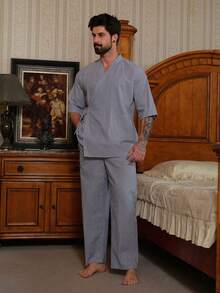 DAZY Men's Solid Blue Short Sleeve Shirt And Pants Pajama Set, Spring/Summer - Blue - View 1