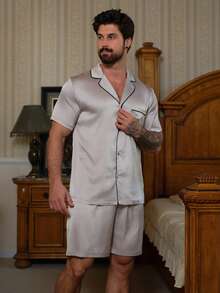 DAZY 男士缎面衬衫短裤睡衣套装，夏季 - 灰色 - 查看 3