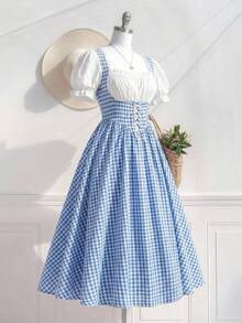 SHEIN MOD Plus Size Summer Retro Blue Plaid Patch Dress For Women, Summer,Milkmaid Dress With Corset Waist And Puff Sleeves Picnic Dress - Blue and White - View 1