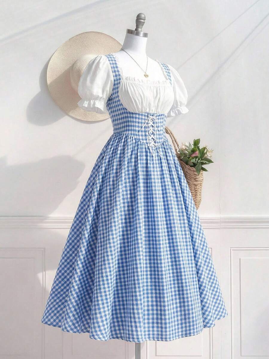 SHEIN MOD Plus Size Summer Retro Blue Plaid Patch Dress For Women, Summer,Milkmaid Dress With Corset Waist And Puff Sleeves Picnic Dress - Blue and White - View 1