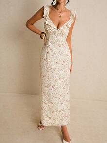 Poéselle 女士夏季度假碎花荷叶边中长连衣裙 - 杏色 - 查看 3