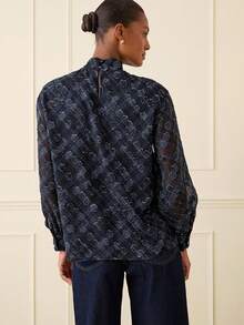 Lilora 女士优雅提花针织高领长袖衬衫 - 藍色 - 查看 2