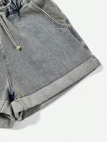 SHEIN Essnce Women's Solid Color Casual Denim Shorts Occasion Grey Summer - Blue - View 3