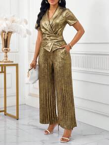 SHEIN Lady 女士纯色裹身短袖上衣和褶皱阔腿裤优雅两件套 - 金色 - 查看 4