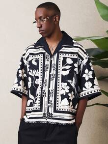 SUMWON 男士短袖宽松版型翻领热带花卉印花度假衬衫夏威夷风休闲夏季海滩度假纽扣前襟上衣 - 彩色 - 查看 4