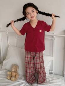 DAZY Young Girl Letter Print Short Sleeve Top And Plaid Pants Pajama Set - Red - View 5