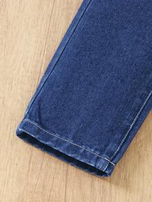 SHEIN Completo in denim da ragazza, stile gentiluomo, con gilet senza maniche e pantaloni a gamba dritta, vestiti per ragazze in autunno/inverno, outfit casual ed eleganti per il ritorno a scuola - Blu lavato scuro - Visualizzare 4
