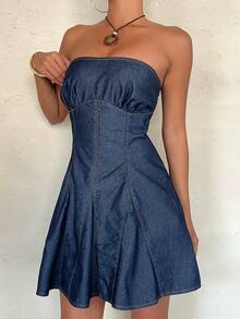 Aloruh 女士露背系带褶皱下摆牛仔吊带裙 - 藍色 - 查看 3