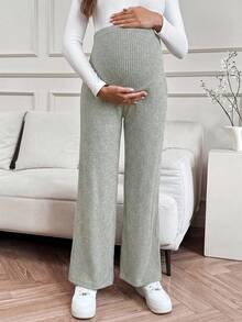 SHEIN Pregnant Women Casual Everyday Commute Simple Versatile Solid Color Ribbed Knit Adjustable High Waist Loose Wide Leg Pants - Green - View 4