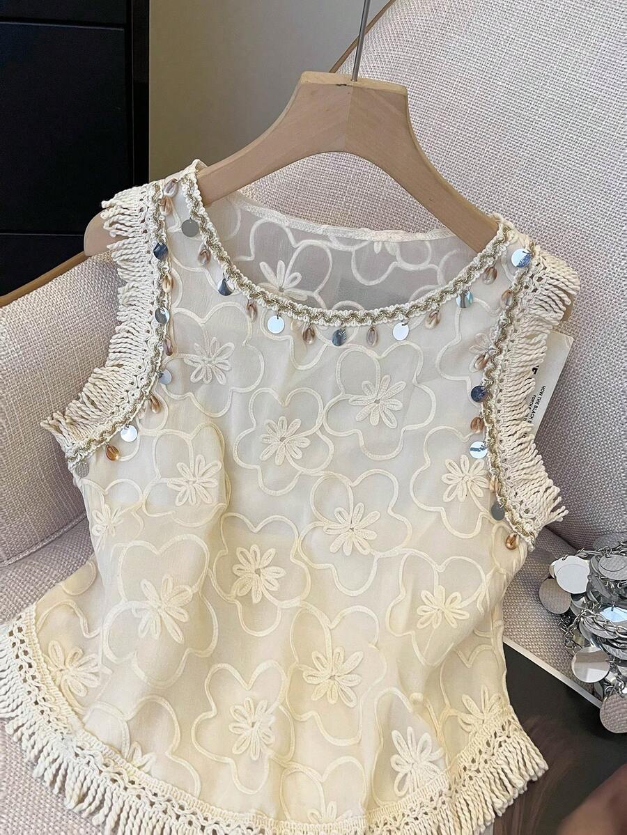 Franclia Women's Summer Vacation Floral Sequin Fringe Trim Sleeveless Top - Apricot - View 1