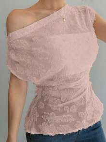 DAZY 女士优雅蕾丝不对称褶皱不对称肩部上衣，夏季 - 淡紫色 - 查看 4