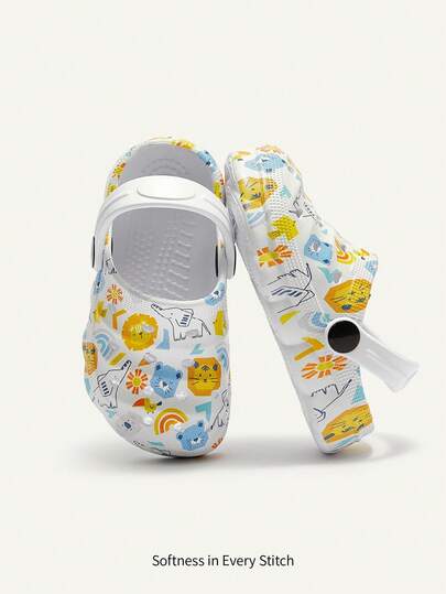 Cozy Pixies Un par de zapatos de bebé con agujeros, con estampado de dibujos animados de zoológico, cómodos y suaves para usar en casa y al aire libre, sandalias de dos usos