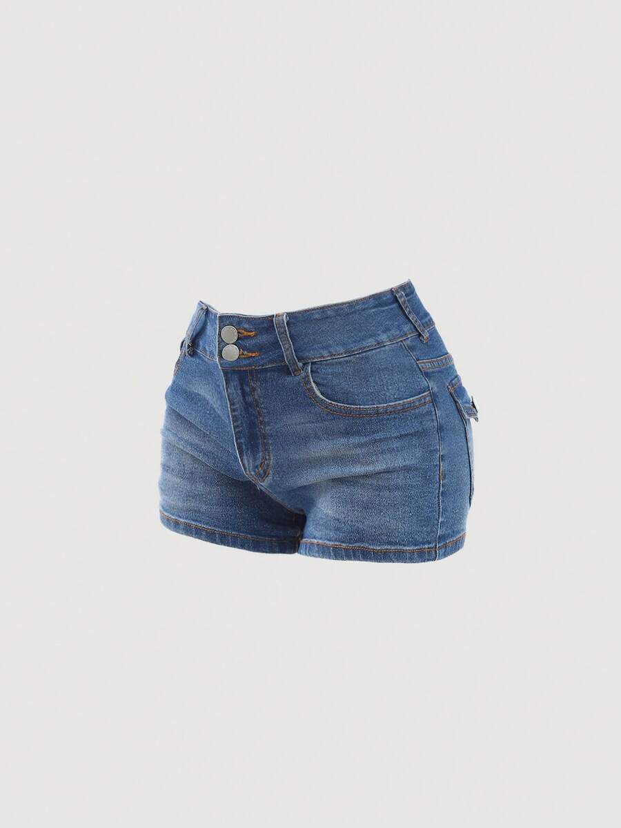 Girlism Pantalones cortos vaqueros de cargo con bolsillo con solapa, cintura baja, rasgados, lavado claro, para adolescentes, primavera-verano, estilo boho, para playa, conciertos, festivales, Día de San Valentín, de tela elástica, cintura baja, ajustados para mujer, verano - Azul lavado medio - Ver 1