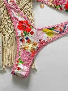 Elavelle Bộ 2 món bikini nữ in họa tiết ngẫu nhiên, dây mảnh, đính kim loại, kiểu dáng cạp cao, thích hợp cho kỳ nghỉ hè/xuân ở bãi biển. - Nhiều màu - Xem 7