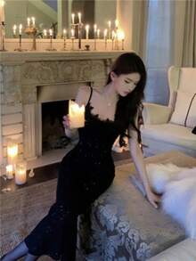 DAZY Đầm maxi nữ đính sequin ren, thắt eo, chất liệu mềm mại. - màu đen - Xem 1