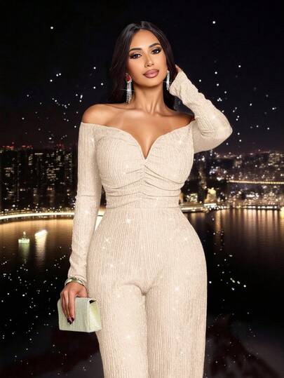 SOLERSUN Women's Fashionable Elegant V-Neck Off Shoulder Long Sleeve Party Night Club Sparkly Fabrics Jumpsuits, Suitable For Christmas Party Valentine's Day Dating