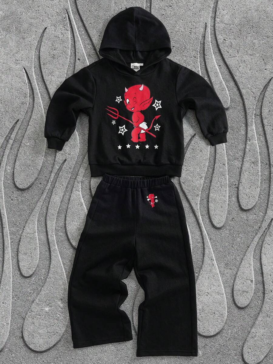 SHEIN HOT STUFF Young Boy Cartoon Pattern Hooded Long Sleeve Sweatshirt And Sweatpants Casual Set - Black - View 1