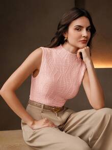 Anewsta 女士无袖纹理面料荷叶边领修身吊带背心，商务休闲，春夏款 - 粉色 - 查看 6