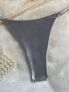 Swim SXY 女士金属银色面料比基尼套装，性感丁字裤，金属配饰，时尚休闲沙滩度假风挂脖泳装 - 銀色 - 查看 7