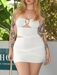 Arliah 女式性感修身露肩金属扣迷你连衣裙 - 白色 - 查看 6