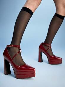 Sugerpunk 女士性感粗跟12厘米高跟凉鞋，PU材质，夏季日常百搭时尚尖头黑色厚底防水桌高跟鞋 - 酒紅色1 - 查看 5