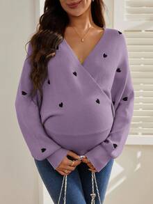 SHEIN Maternity Contrast Color Heart Print V-Neck Long Sleeve Sweater - Purple - View 3