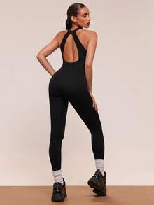 SHEIN BAE Women's Backless Sleeveless Black Seamless Jumpsuit Yoga Jumpsuit Active Wear Jumpsuit Seamless Workout Jumpsuit Yoga Romper - Black - View 1