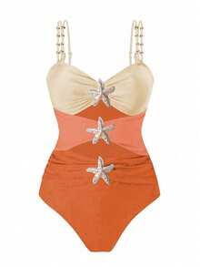 Swim Oasis Plus Size One-Piece Swimsuit, 2pcs Set, Multicolor Metal Starfish Decor, Minimalist Design, Women Summer Beach Vacation Outfit - Orange - View 4