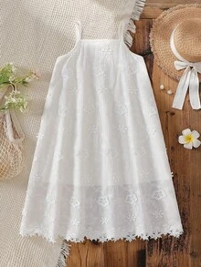 Vintaside Kids Girls' Embroidered Floral Trim Casual Drawstring Strap Sundress, Suitable For Outdoor, Vacation And Leisure Activities, Summer - White - View 2