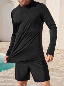 Manfinity VDAYZ Áo chống nắng dài tay màu trơn tối giản dành cho nam, Áo chống nắng dài tay màu đen cho nam, Áo bơi dài tay cho nam, Bộ hai mảnh màu đen cho nam - màu đen - Xem 3