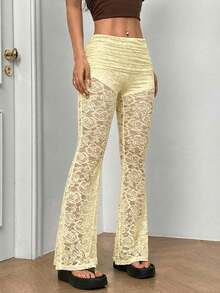 SHEIN EZwear 女士米黄色蕾丝喇叭裤，可折叠腰带，春夏款 - 淡黃色 - 查看 5