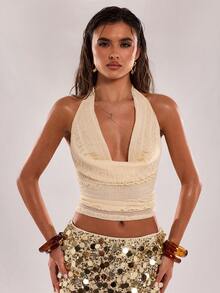 SHEIN BAE 女士圆领纯色无袖露背修身背心，夏季时尚 - 杏色 - 查看 5