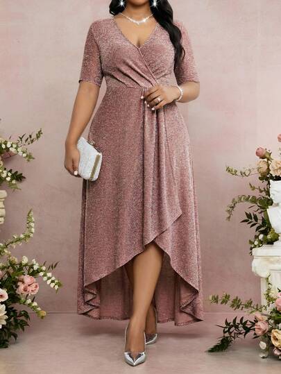 Fleurora Plus Size Elegant V-Neck Asymmetric Hem Short Sleeve Dress, Summer