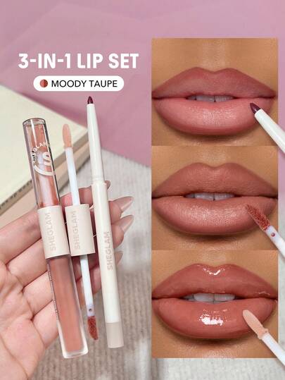 SHEGLAM Soft 90'S Glam Lip Liner And Lip Duo Set-Moody Taupe Lip Set 3-In-1 Lip Makeup Plumping Lip Gloss Moisturizing Plant Extracts Long Lasting Liquid Lipstick Lip Makeup Brown Liquid Lipstick Lip Combo Brand Beauty Makeup Face Paint Cosmetic For Women Girls Perfect For Winter Spring Ideal For Y2K Fancy Fashion Suitable For Birthday Gift Party Ready Best Color