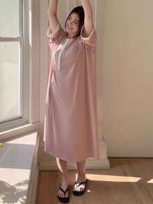 Dazy Plus Plus Size Simple Round Neck Nightgown Summer - Pink - View 7