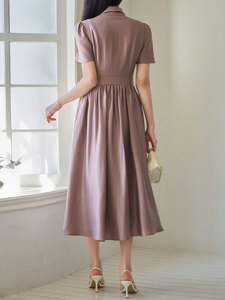 Women's Elegant Solid Color Collar Puff Sleeve Midi Dress Wedding Guest Dress Summer Sundress