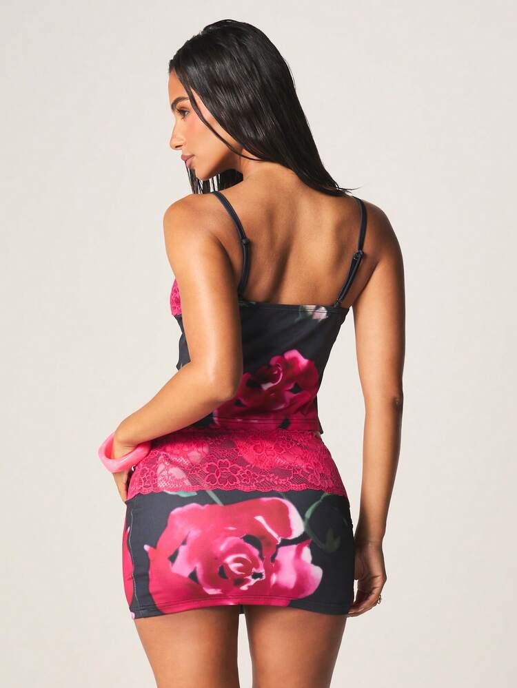 MISSGUIDED Rose Print Lace Trim Cami Tank Top And Bodycon Mini Skirt Two Piece Floral Co Ord Set Summer Outfit